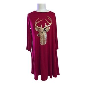 City Streets Red A-Line Dress with Gold Foil Deer Design Women’s Size M